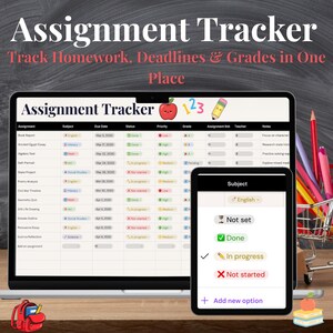 May include: A laptop and tablet display an "Assignment Tracker" interface. The laptop shows a detailed assignment list with subjects, due dates, and statuses. The tablet displays options like "Done" and "In progress". The image includes a red apple and pencil graphic.