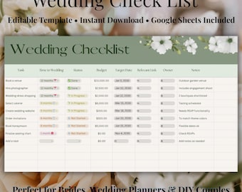 Hochzeit Checklist Vorlage | Bearbeitbare Hochzeitsplaner-Arbeitsblatt | Google Sheets Hochzeitsplaner | Sofort Download