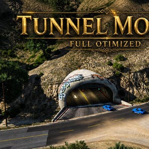 May include: Image showing a tunnel entrance with the words "TUNNEL MOUNT" in gold lettering above the words "FULL OTMIZED". Two blue cars are driving on the road in front of the tunnel. The tunnel is surrounded by a mountain.