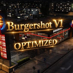 Può includere: Vista notturna di un ristorante con un'insegna luminosa. L'insegna dorata indica "Burgershot V1 OPTIMIZED" e presenta un'immagine di hamburger. L'edificio ha dettagli rossi e posti a sedere visibili. È presente anche il nome "BURGERSHOT".