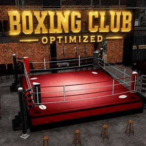 May include: Interior view of a boxing club featuring a red boxing ring. The words "BOXING CLUB OPTIMIZED" are displayed in gold lettering above the ring. The walls are brick, and there are stools and other equipment visible.