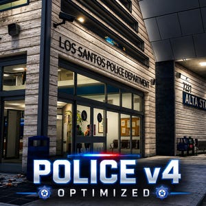 Puede incluir: Vista exterior del edificio del Departamento de Policía de Los Santos, con el texto "POLICE v4 OPTIMIZED" en primer plano. El edificio tiene una fachada de madera y grandes ventanales. También se ve la estación Alta.