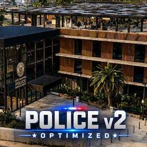 May include: Exterior view of the Los Santos Police Department building. The modern structure features glass walls, a dark roof, and wooden accents. The American flag flies in front of the building. The text "POLICE v2 OPTIMIZED" is displayed at the bottom.