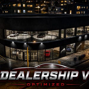 Może przedstawiać: Oświetlony salon samochodowy w nocy. Budynek ma duże szklane okna, które prezentują samochody na obrotowych platformach. Tekst "DEALERSHIP V1 OPTIMIZED" jest wyświetlany w stylizowanej czcionce na dole obrazu.