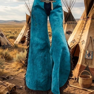 Puede incluir: Chaps de ante turquesa con flecos marrones y costuras decorativas. Los chaps se usan sobre vaqueros oscuros y se aseguran con un cinturón marrón. El fondo presenta tipis y un paisaje desértico.