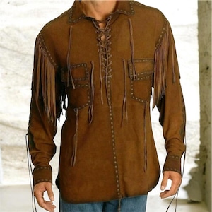 Men’s Western Suede Leather Shirt, Brown Fringe Leather Shirt, Cowboy Style Lace-Up Shirt, Handmade Vintage Style Buckskin Shirt, Gift