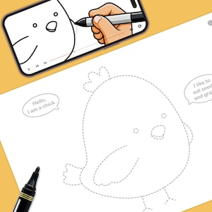 May include: A white sheet of paper with a dotted outline of a chick, a black marker, and a smartphone displaying a chick drawing tutorial. Text bubbles say "Hello, I am a chick" and "I like to eat seeds and grain."