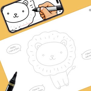 May include: A white sheet of paper with a dotted line drawing of a cartoon lion. A black marker is in the lower left corner. A smartphone displays a lion drawing tutorial. Text bubbles say, "Hello, I am a lion."