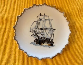 Vintage Hand-Painted Sailing Ship Plate – Mid Century Japanese Porcelain, Gold Trim
