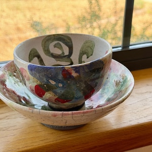 Vintage Decorative Pottery Matcha Bowl and Saucer – Hand-Painted Oribe Style Chawan