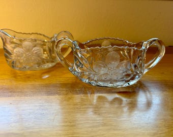 Vintage Etched Lead Crystal Sugar Creamer Set | Floral Scalloped Rim Tea Service