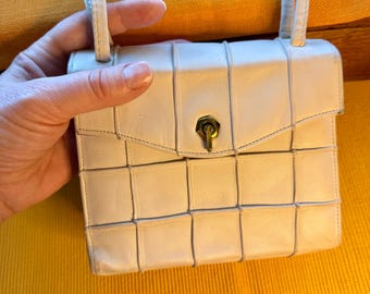 Vintage Jane Shilton Patchwork Leather Handbag | Cream Grid Stitched Top Handle Evening Purse