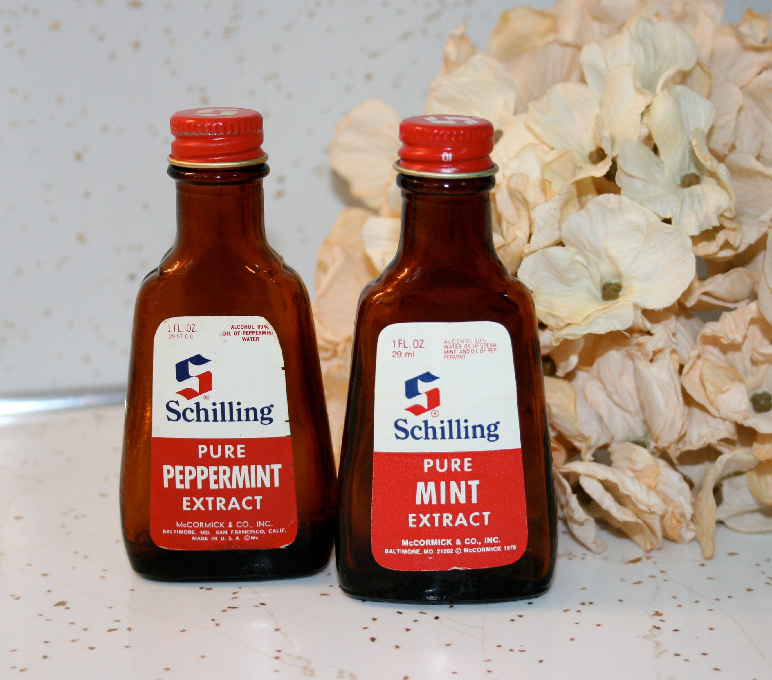 Schilling Extract, Mint and Peppermint, Vintage Schilling Brown Glass