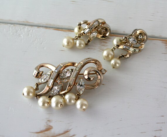 Vintage Trifari, Brooch and Earrings, Clip on Earr