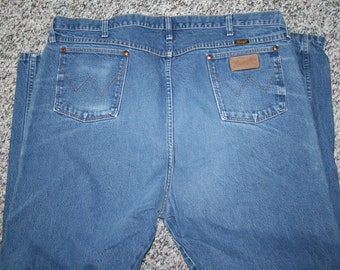 Vintage Wrangler Jeans, Distressed, Medium Blue, 48" Waist, 34" Inseam, Straight Leg, Cowboy Cut, High Rise, Zipper Closure