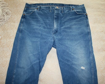 Vintage Wrangler Jeans, Distressed, Medium Blue, 48" Waist, 34" Inseam, Straight Leg, Cowboy Cut, Zipper Closure,