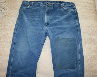 Vintage Wrangler Jeans, Distressed, Medium Blue, 48" Waist, 34" Inseam, Straight Leg, Cowboy Cut, Zipper Closure,