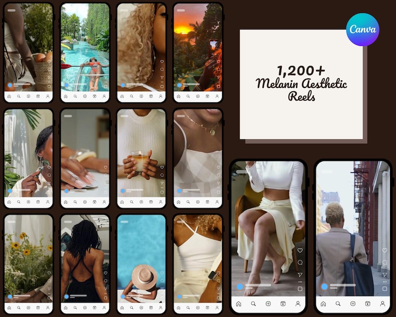 May include: A collage of smartphone screens displaying aesthetic reels. The screens showcase various lifestyle scenes, including fashion, travel, and beauty. The text "1,200+ Melanin Aesthetic Reels" is visible on a white square with a Canva logo.