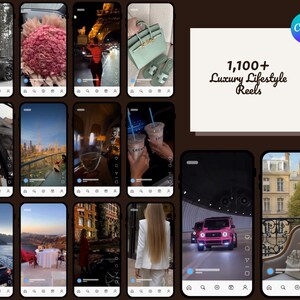 May include: A collection of smartphone screen captures showcasing luxury lifestyle scenes. Images include a car, a bouquet of flowers, the Eiffel Tower, a handbag, cityscapes, drinks, and a pink car. The central image displays the text "1,100+ Luxury Lifestyle Reels."