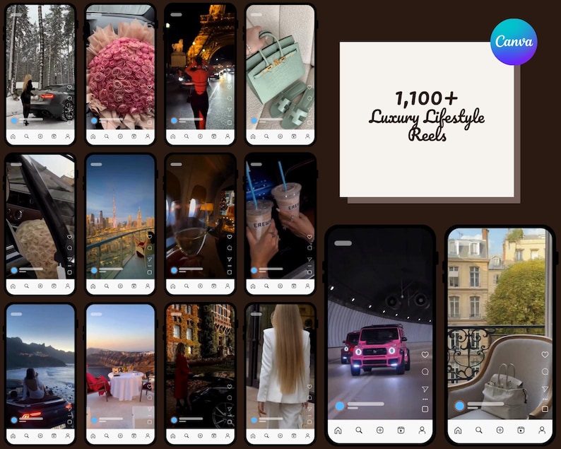 May include: A collection of smartphone screen captures showcasing luxury lifestyle scenes. Images include a car, a bouquet of flowers, the Eiffel Tower, a handbag, cityscapes, drinks, and a pink car. The central image displays the text "1,100+ Luxury Lifestyle Reels."