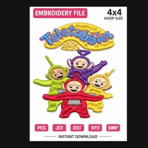 Op de afbeelding: Een borduurbestand met de Teletubbies-personages. Het ontwerp bevat vier kleurrijke figuren in rood, groen, paars en geel, met het woord "Teletubbies" in een geel en blauw ontwerp. Het bestand is gelabeld als "Borduurbestand" en is voor een borduurring van 10,16 cm x 10,16 cm.
