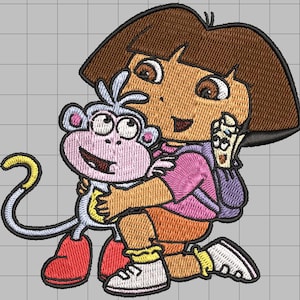 May include: Embroidered patch featuring Dora the Explorer hugging Boots the monkey. Dora is wearing a pink shirt, orange shorts, and white sneakers. Boots is light blue with red shoes. The patch has a detailed, textured appearance.