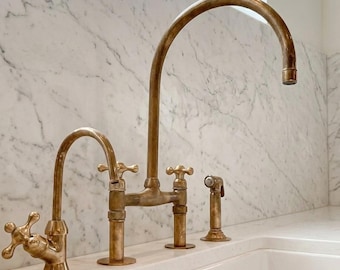 Robinet de cocina puente en laiton macizo no laqué 8 po, robinet vintage avec poignées en croix et pieds droits