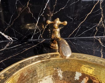 Grifo de latón de lujo con lavabo martillado – Lavabo de baño de oro antiguo – Juego de grifería para lavabo de estilo marroquí vintage