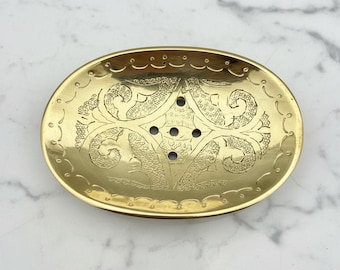 Vintage marokkanische Seifenschale aus massivem Messing, handgefertigte Seifenschale mit Gravur, Badezimmerdekor, rustikale Messingschale