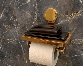 Portarrollos de papel higiénico de latón sin lacar con estante, organizador de baño de pared, portarrollos de latón marroquí hecho a mano, decoración moderna de lujo