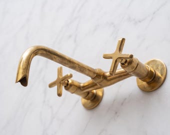 Brass Wall Mounted Kitchen Faucet – Vintage Bridge Tap with Cross Handles, Unlacquered Solid Brass Farmhouse Sink Faucet