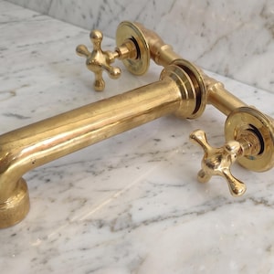 Vintage Brass Wall Mounted Faucet – Antique Gold Sink Tap – Rustic Bathroom Kitchen Faucet – Moroccan Style Brass Fixture  Luxury Home Decor