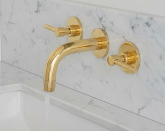 Unlacquered Brass Wall Mounted Faucet 8 Inch, Double Handle Gold Bathroom Sink Tap, Modern Minimalist Kitchen Faucet, Vintage Luxury Fixture