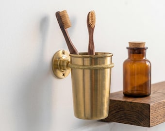 Elegante portaspazzolino da parete in ottone massiccio - Bicchiere dorato anticato fatto a mano per l'arredamento del bagno - Organizer minimalista per la toeletta