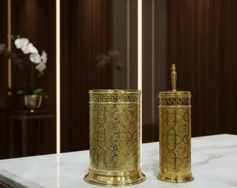 Unlacquered Brass Bathroom Accessories Set | Solid Brass Trash Can, Storage Basket & Toilet Brush Holder | Luxury Handmade Bathroom Decor