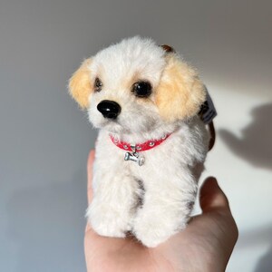 May include: A plush, cream-colored puppy with tan ears and a black nose. The puppy wears a red collar with a silver bone-shaped charm. The toy is soft and fluffy, with detailed features.