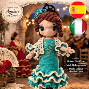 Puede incluir: Patrón de crochet amigurumi para una muñeca bailarina de flamenco. La muñeca, de unos 28-30 cm, lleva un vestido turquesa con ribetes blancos y un chal crema. Se muestra el texto "Alma Flamenca" y "Amigurumi Crochet Pattern".