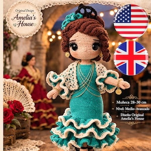 Puede incluir: Portada de un patrón de ganchillo con una muñeca bailarina de flamenco. La muñeca, de unos 28-30 cm de altura, viste un vestido turquesa con ribetes blancos, un chal blanco y tiene el pelo castaño. Se muestra el texto "Alma Flamenca" y "Amigurumi Crochet Pattern".