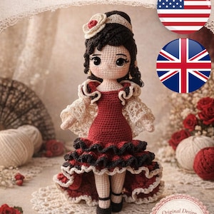 Op de afbeelding: Gehaakte Flamenca pop met een rode jurk en zwarte accenten. De pop heeft zwart haar, een bloem en draagt zwarte schoenen. De tekst "FLAMENCA Amigurumi Crochet Pattern" staat bovenaan.