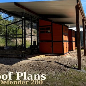 May include: An outdoor structure with a lean-to roof, featuring a wire mesh enclosure and orange-colored wooden structures. The image includes text that reads "Lean-To Roof Plans" and "Producer's Pride Defender 200". The structure is set against a backdrop of green hills and a blue sky.