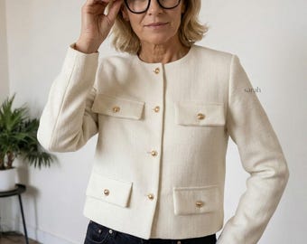 Women's Collarless Jacket | Short Fitted Jacket | Women's Smart Casual Jacket | Classic Work Jacket | Women's Jacket Gift for Her