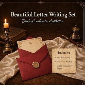May include: A letter writing set featuring a deep red envelope with a gold wax seal, cream-colored lined stationery paper with a rabbit illustration, and a text card listing the contents: red envelope, wax seal sticker, and lined stationery paper.