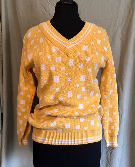 SALE Vintage Long Sweater Yellow with White Square