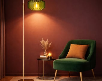 Gold Floor Lamp, Dimmable Remote Lamp, Green Glass Shade, Modern Standing Lamp