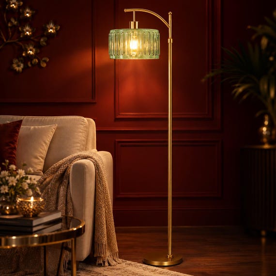 Amber Glass Flower Arc Floor Lamp, Brass Mid Century Boho Lighting