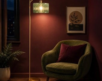 Green Glass Floor Lamp, Gold Dimmable Lamp with Remote, Mid Century Modern Brass Standing Lamp, Boho Arc Light for Living Room