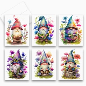 Assorted Garden Gnome Cards, Set of 6, Blank Notecards