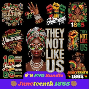 Può includere: Una collezione di design di arte digitale a tema Juneteenth. Le immagini presentano ritratti di donne nere, pugni alzati e testi come "Juneteenth 1865" e "They Not Like Us". La tavolozza dei colori include rosso, verde, giallo e nero.