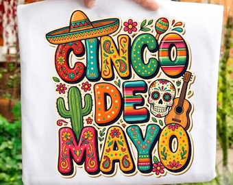 Cinco de Mayo PNG, Fiesta Typography Design, Mexican Floral Skull Cactus Guitar Art, Let’s Fiesta Mama Shirt, Taco Tuesday Sublimation