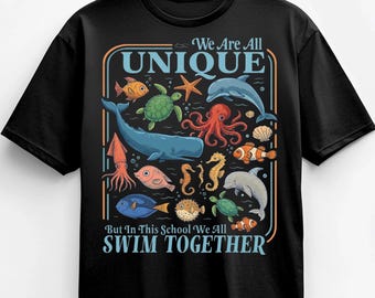 We All Swim Together PNG T-Shirt, Teacher Back to School Gift, Ocean Animal Classroom Graphic Tee, Underwater Turtle Outfit Digital Download